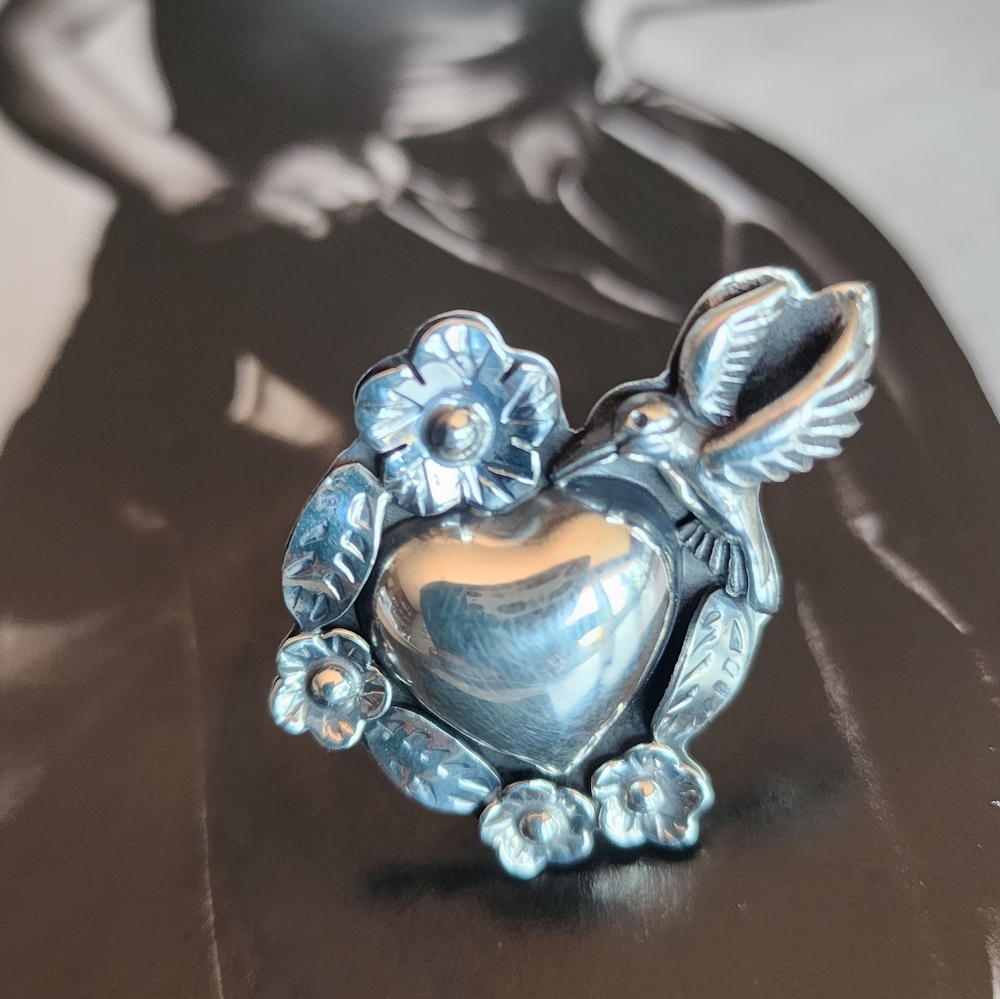 Silver Heart and Hummingbird Ring Taxco Adjustable